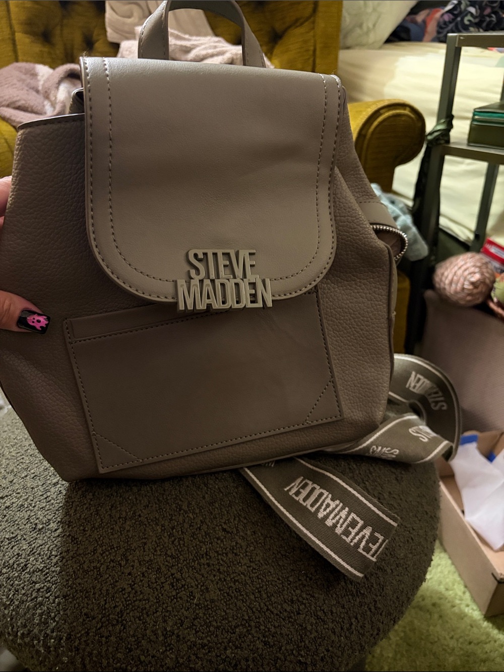 Steve Madden Taupe Gray Small Backpack with Logo Strap